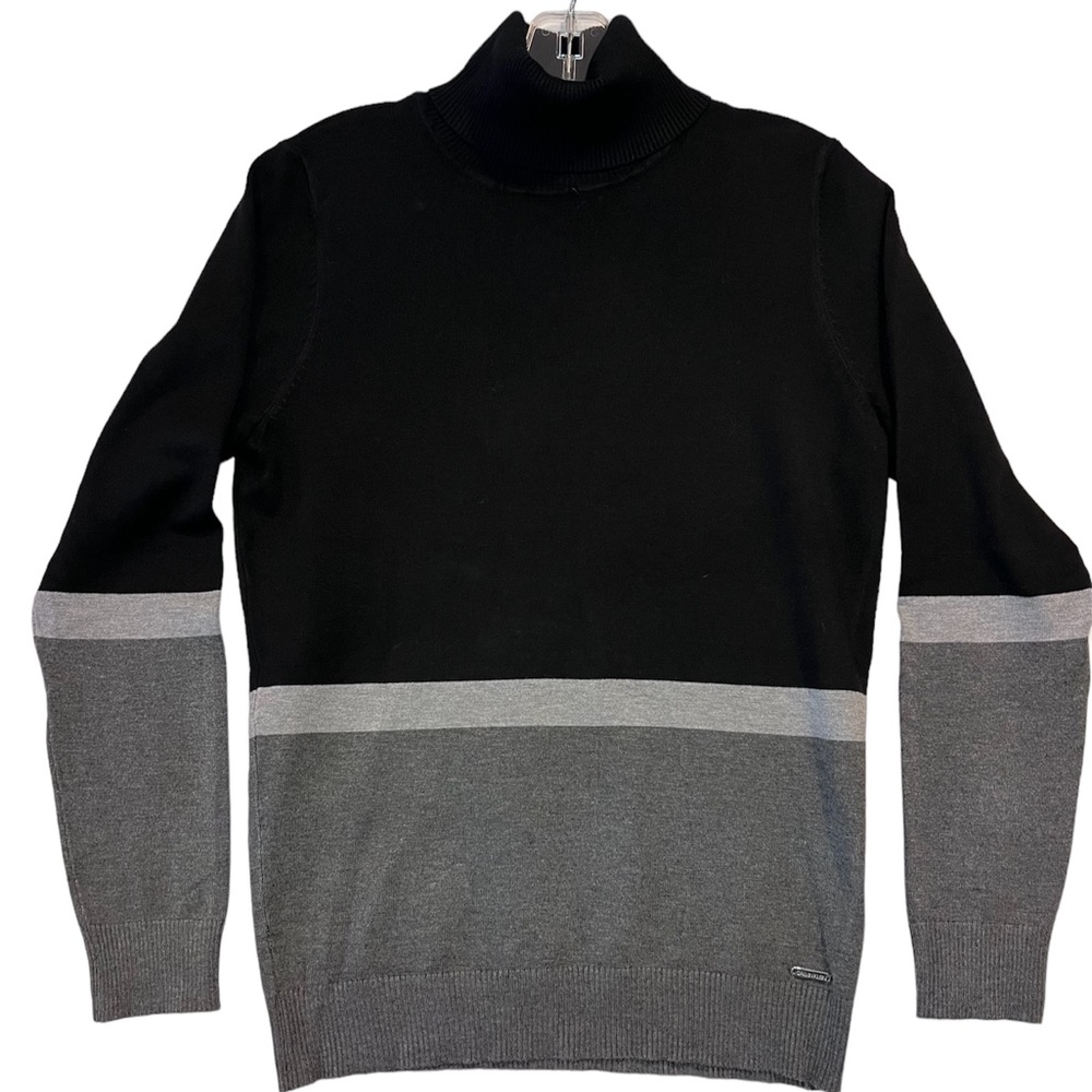 Calvin Klein women’s fine knit colorblock turtleneck sweater black gray - Medium